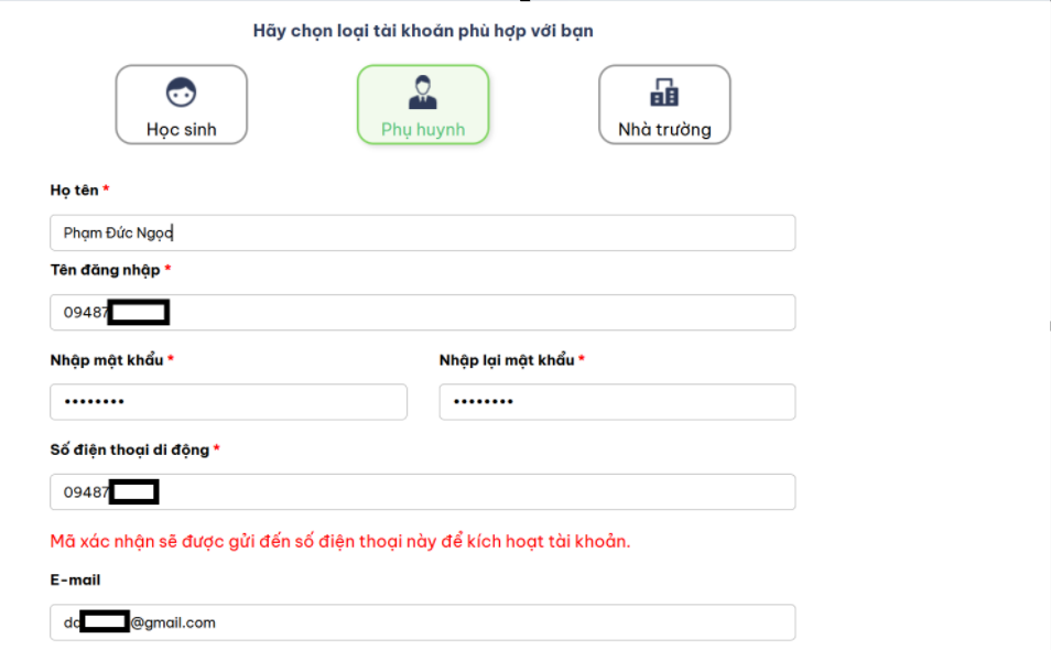 Nhập thông tin để đăng kí tài khoản trên Vioedu