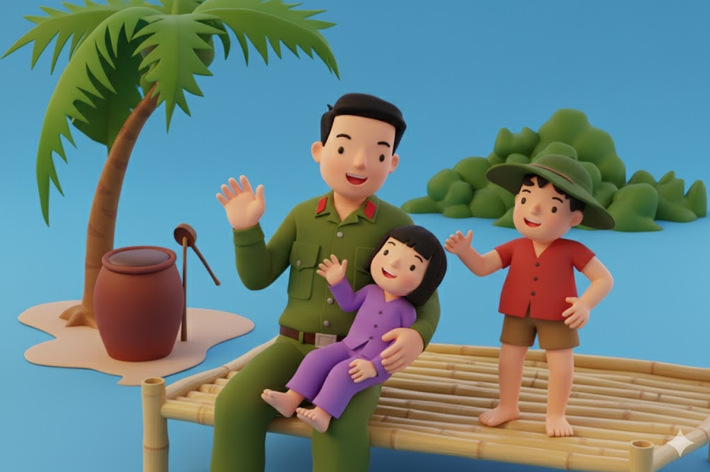 Hình ảnh chú bộ đội kể truyện cho các bé nghe