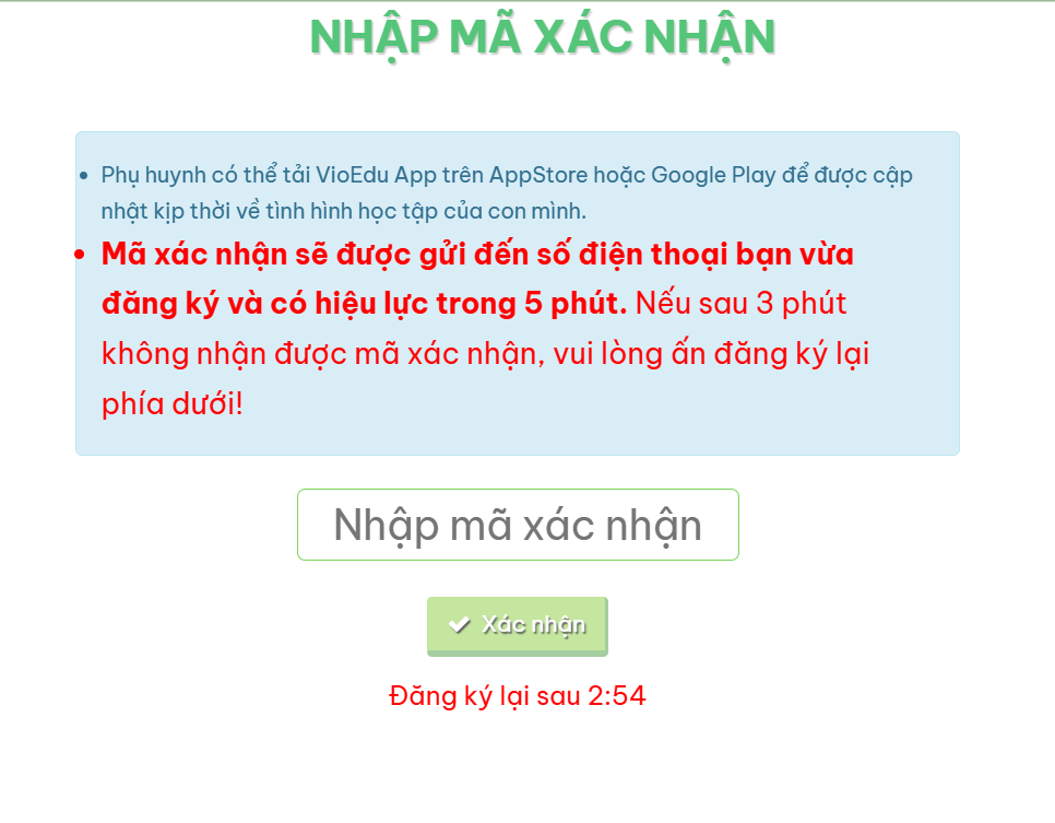 Nhập mã xác nhận để đăng kí tài khoản Vioedu